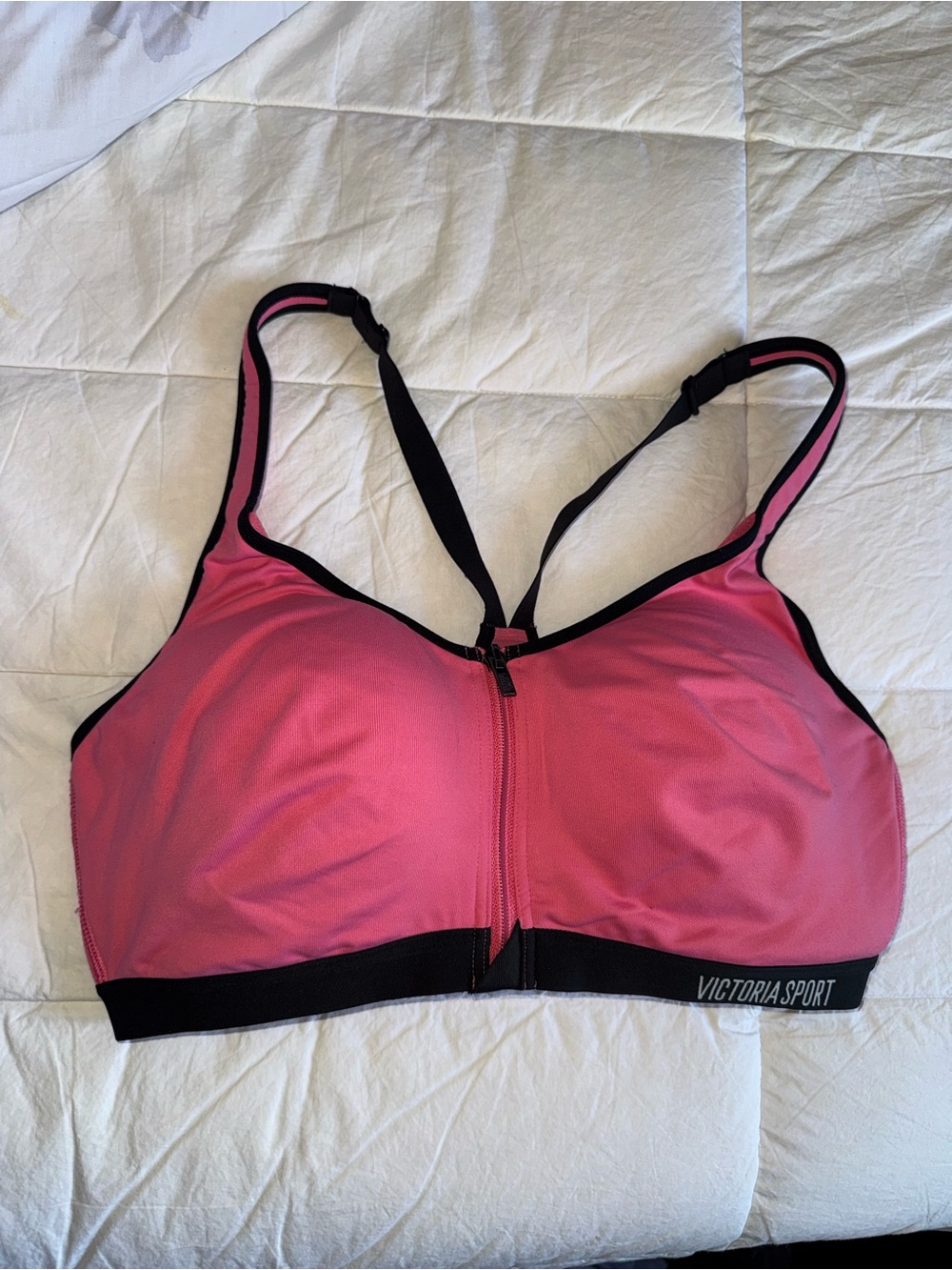 Victoria Sport Pink Front-Zip High-Support Sports Bra with Black Trim